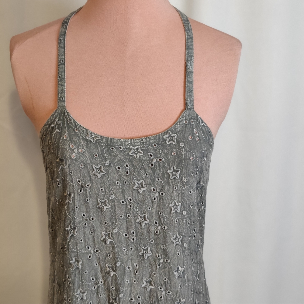 Vintage olive Eyelet peekaboo Ruffle maxi Dress Spring - Picture 5 of 9
